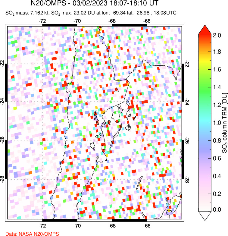 A sulfur dioxide image over Northern Chile on Mar 02, 2023.