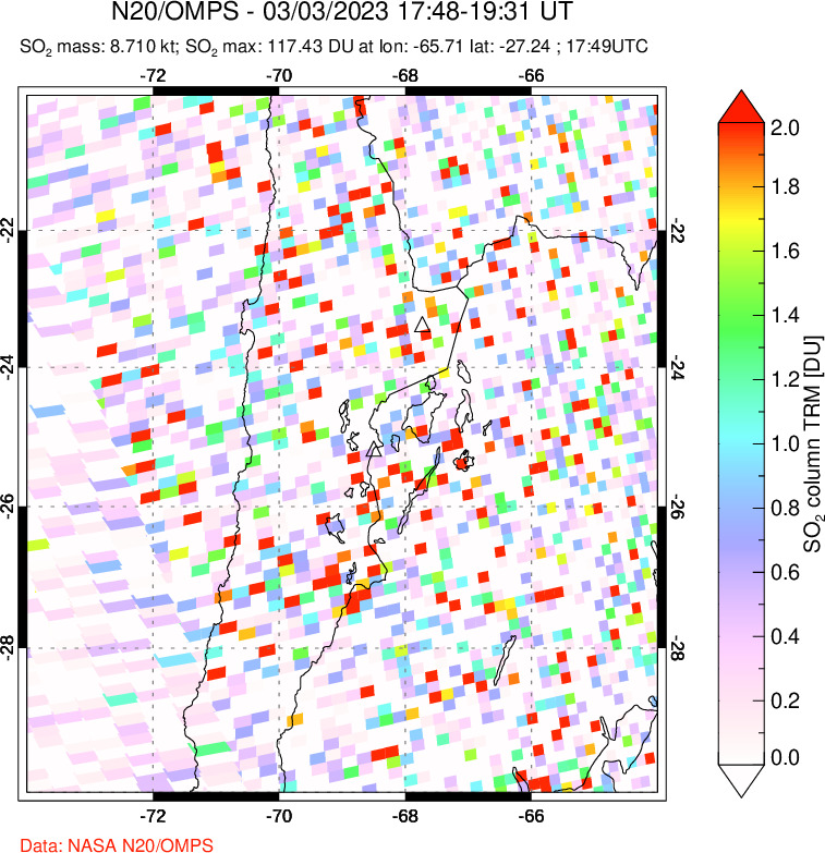 A sulfur dioxide image over Northern Chile on Mar 03, 2023.