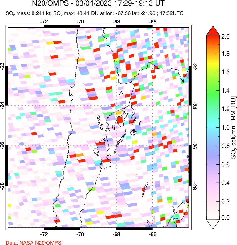 A sulfur dioxide image over Northern Chile on Mar 04, 2023.