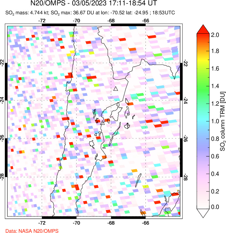 A sulfur dioxide image over Northern Chile on Mar 05, 2023.