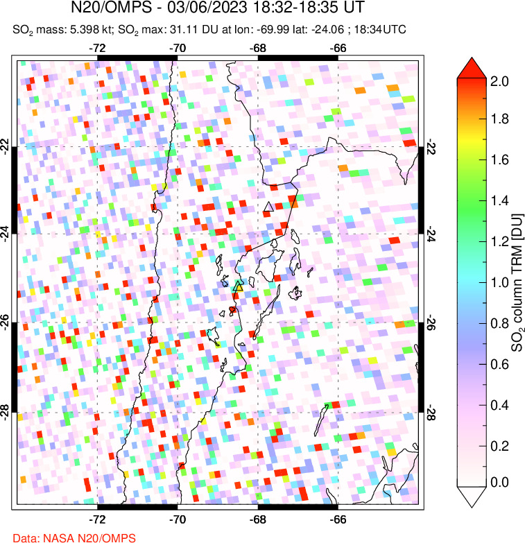 A sulfur dioxide image over Northern Chile on Mar 06, 2023.