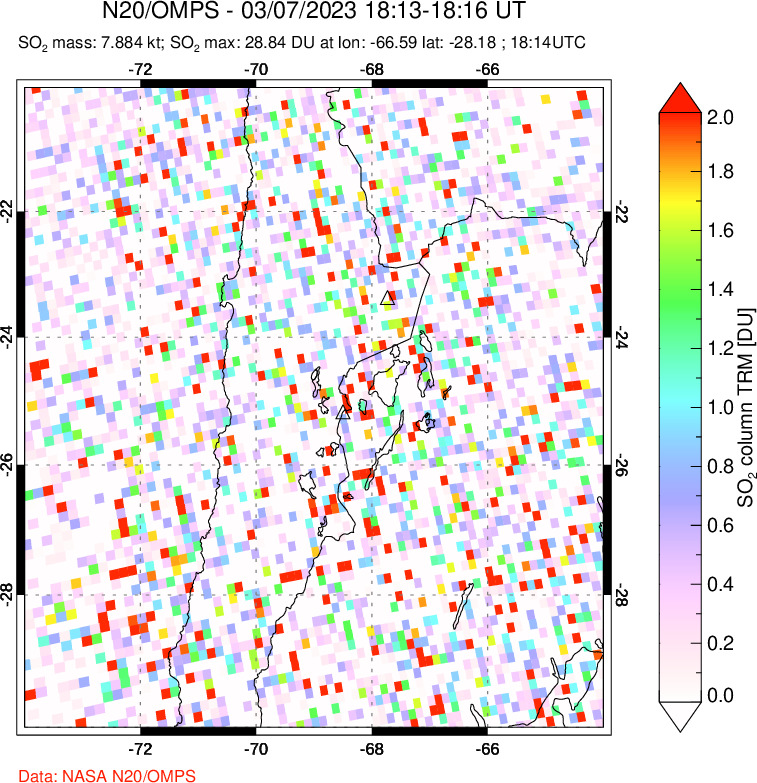 A sulfur dioxide image over Northern Chile on Mar 07, 2023.