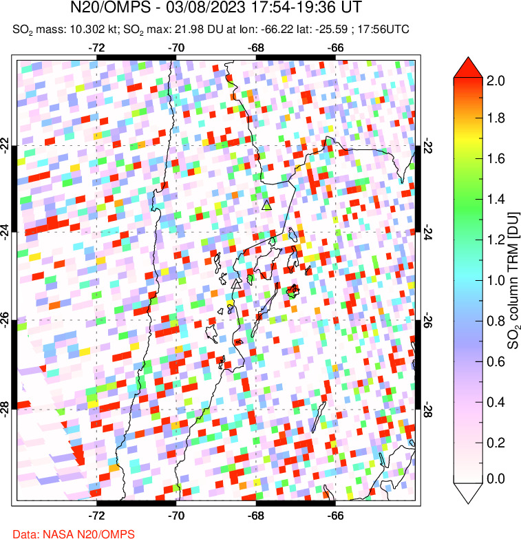 A sulfur dioxide image over Northern Chile on Mar 08, 2023.