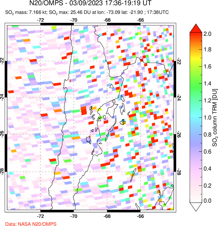 A sulfur dioxide image over Northern Chile on Mar 09, 2023.