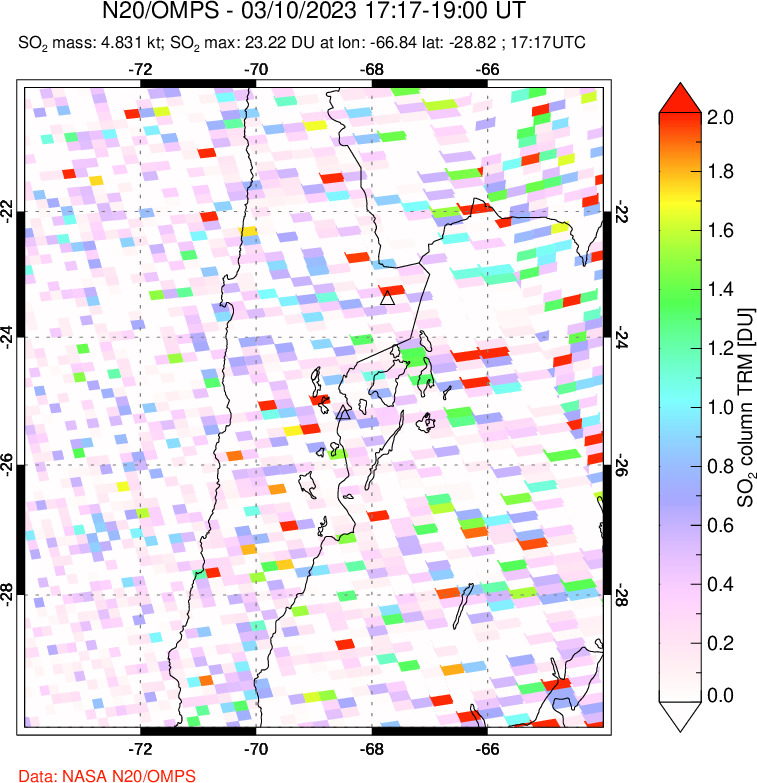 A sulfur dioxide image over Northern Chile on Mar 10, 2023.