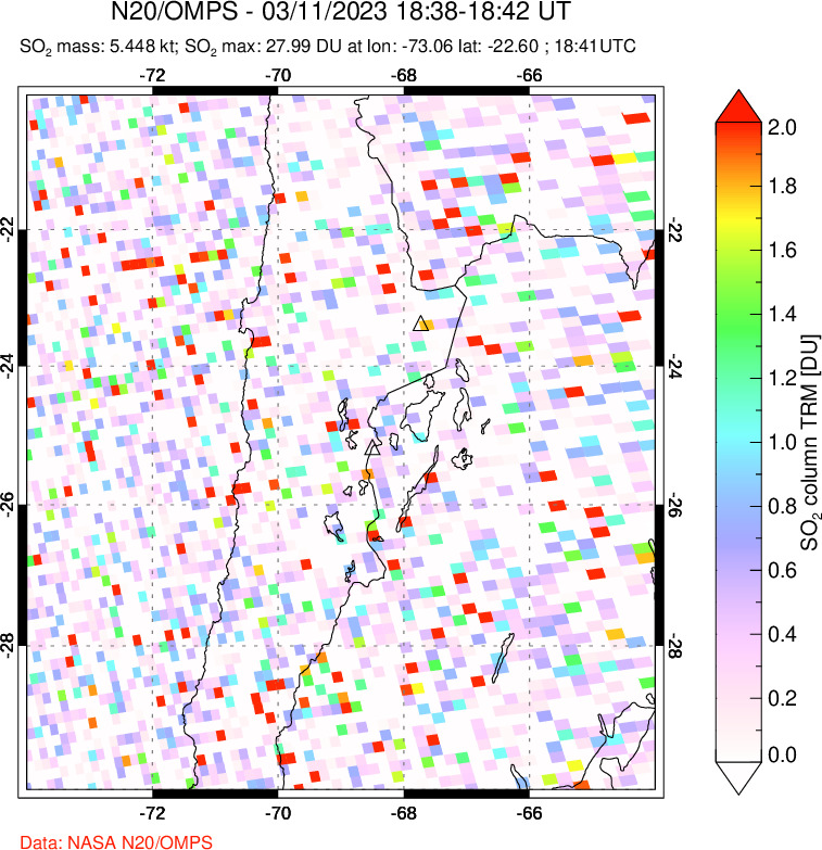 A sulfur dioxide image over Northern Chile on Mar 11, 2023.