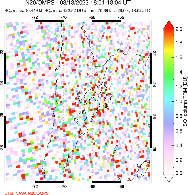 A sulfur dioxide image over Northern Chile on Mar 13, 2023.