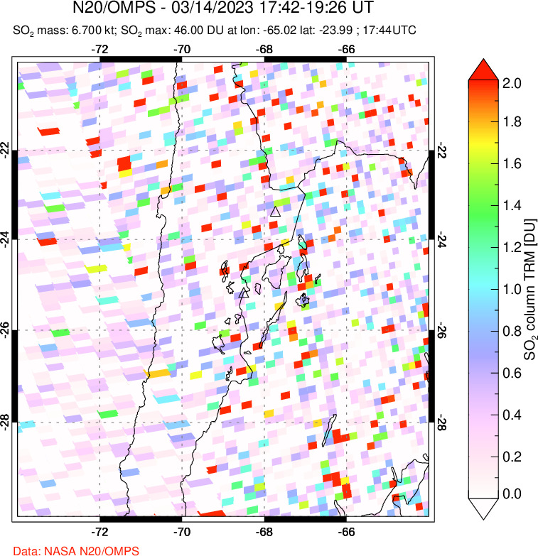 A sulfur dioxide image over Northern Chile on Mar 14, 2023.