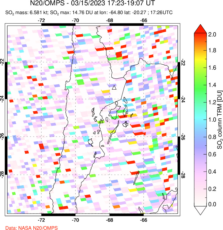 A sulfur dioxide image over Northern Chile on Mar 15, 2023.