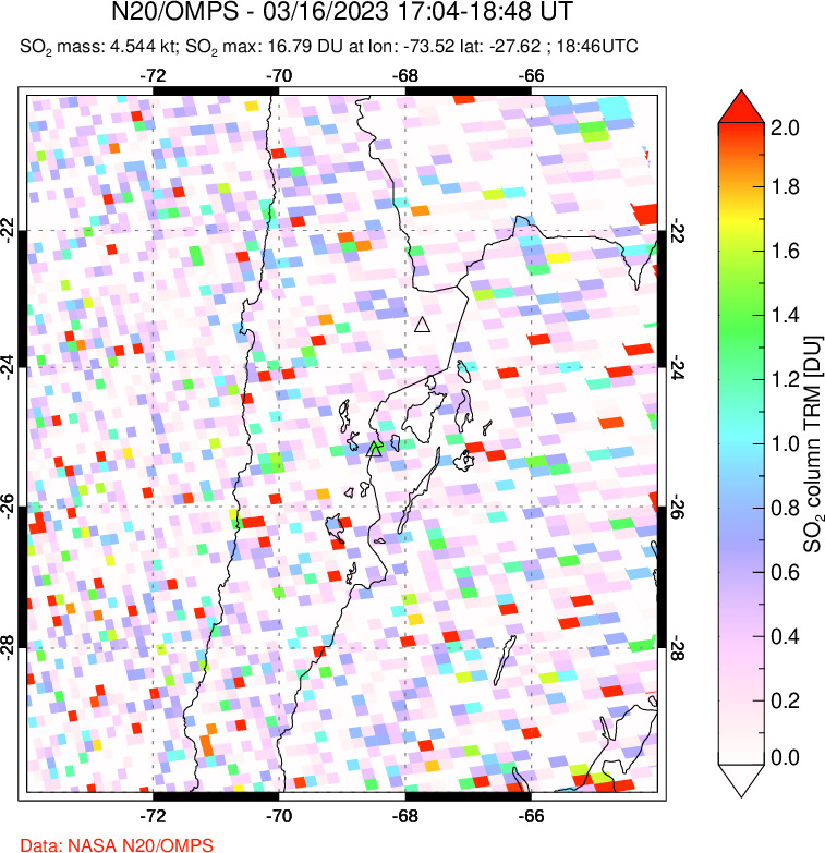 A sulfur dioxide image over Northern Chile on Mar 16, 2023.