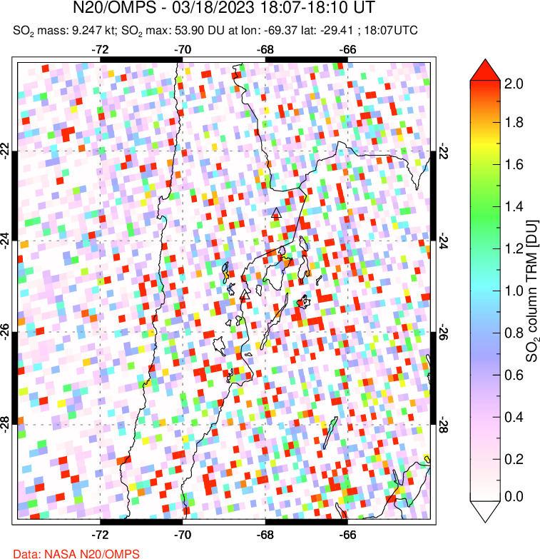 A sulfur dioxide image over Northern Chile on Mar 18, 2023.