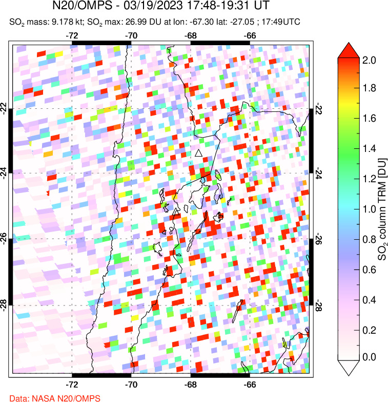 A sulfur dioxide image over Northern Chile on Mar 19, 2023.