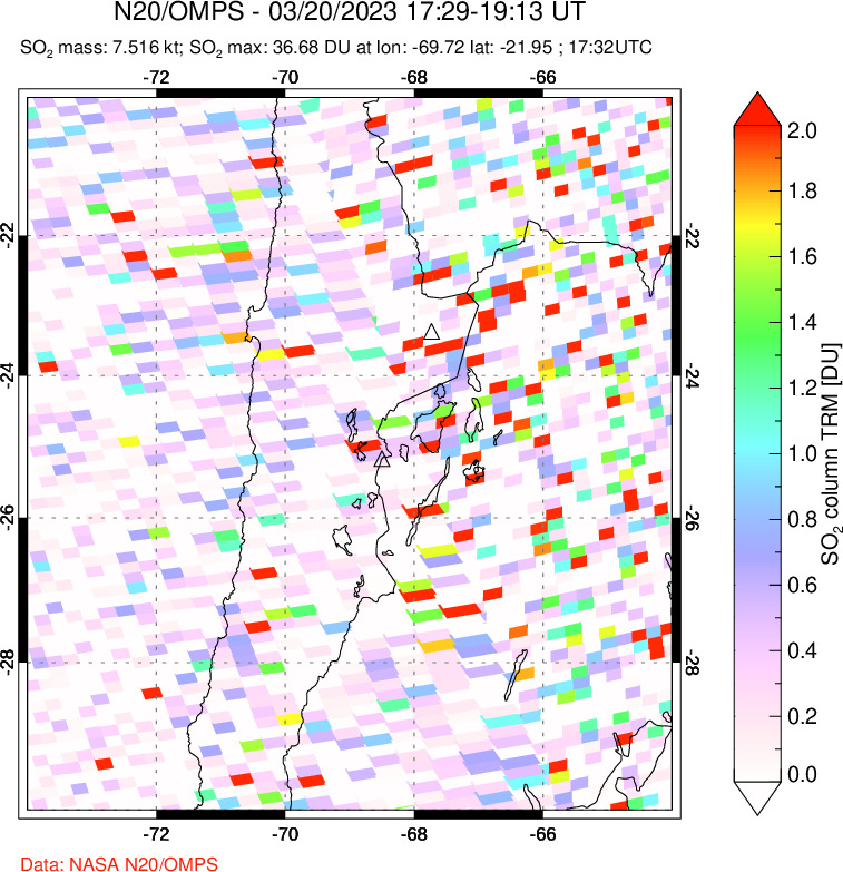 A sulfur dioxide image over Northern Chile on Mar 20, 2023.