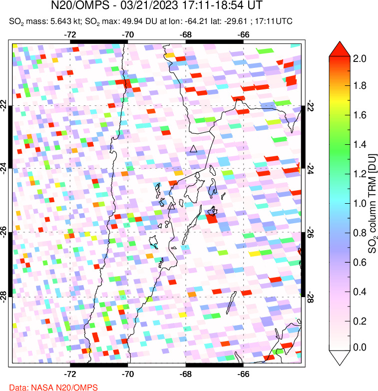 A sulfur dioxide image over Northern Chile on Mar 21, 2023.