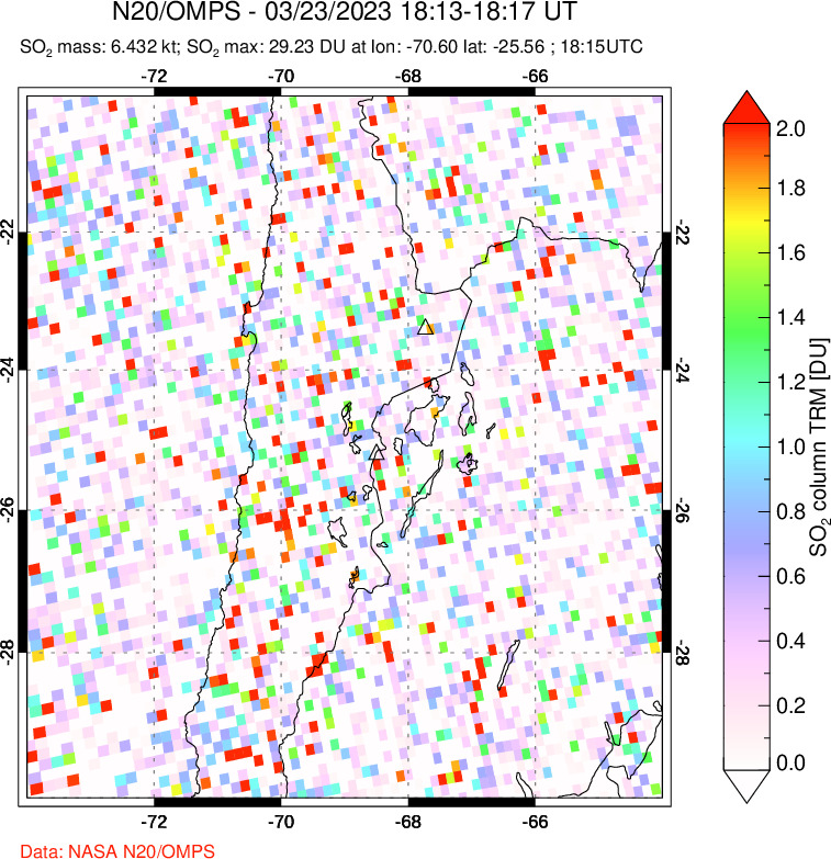 A sulfur dioxide image over Northern Chile on Mar 23, 2023.