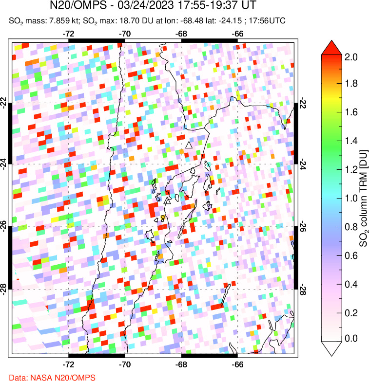 A sulfur dioxide image over Northern Chile on Mar 24, 2023.