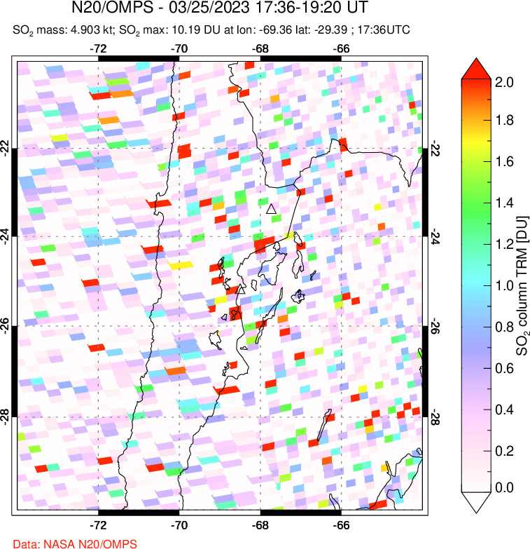 A sulfur dioxide image over Northern Chile on Mar 25, 2023.