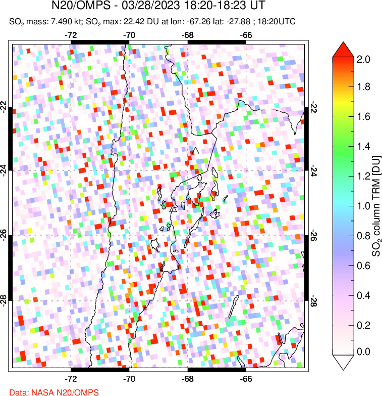 A sulfur dioxide image over Northern Chile on Mar 28, 2023.