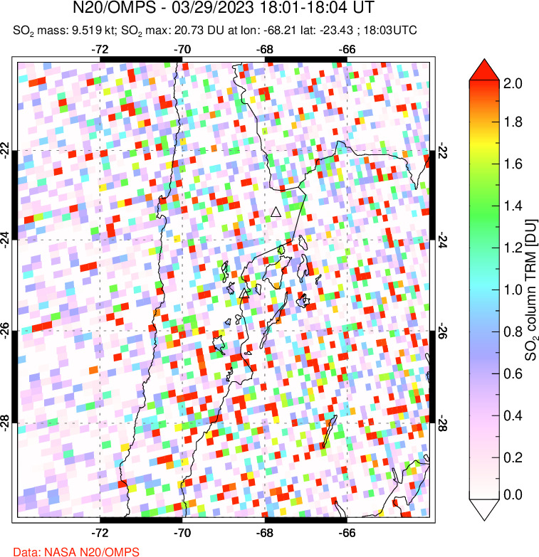 A sulfur dioxide image over Northern Chile on Mar 29, 2023.