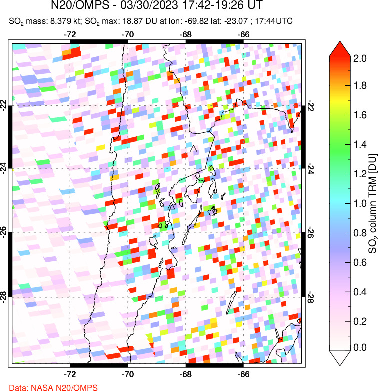 A sulfur dioxide image over Northern Chile on Mar 30, 2023.