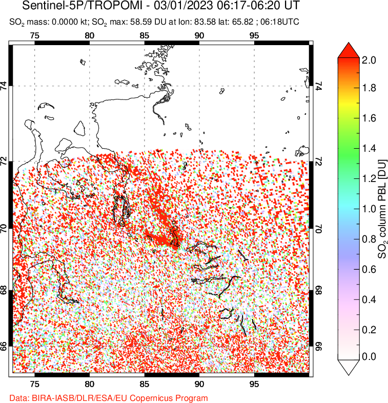 A sulfur dioxide image over Norilsk, Russian Federation on Mar 01, 2023.