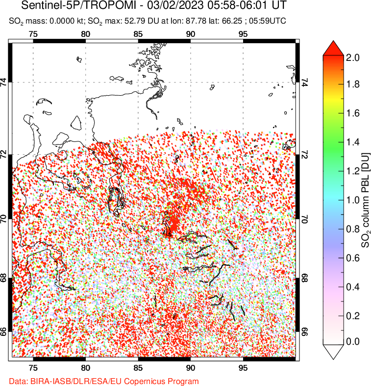 A sulfur dioxide image over Norilsk, Russian Federation on Mar 02, 2023.