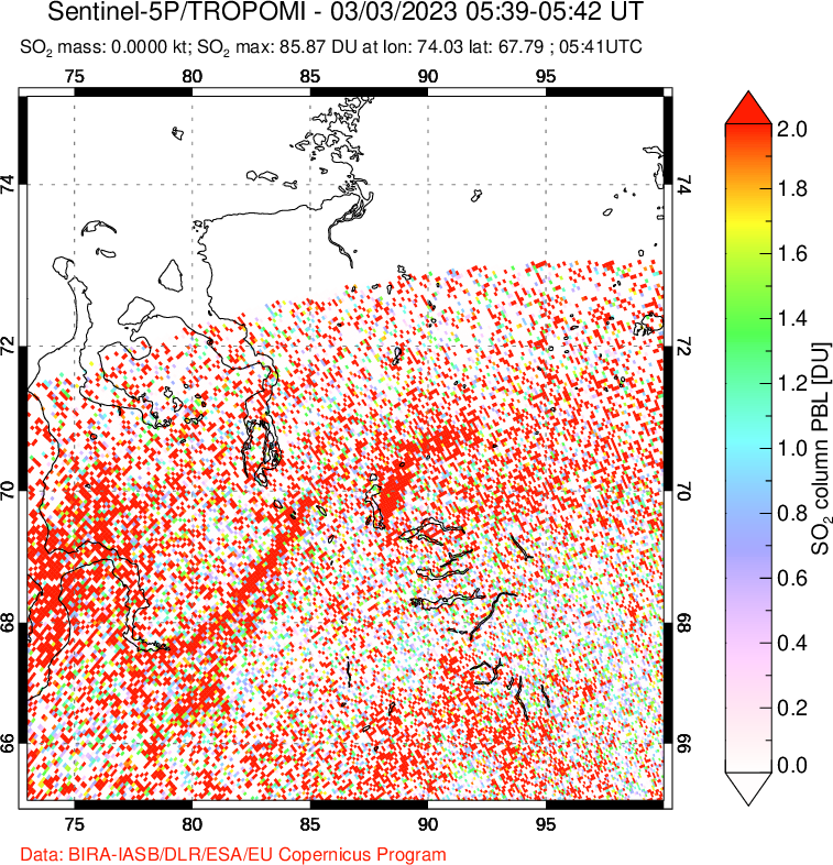 A sulfur dioxide image over Norilsk, Russian Federation on Mar 03, 2023.