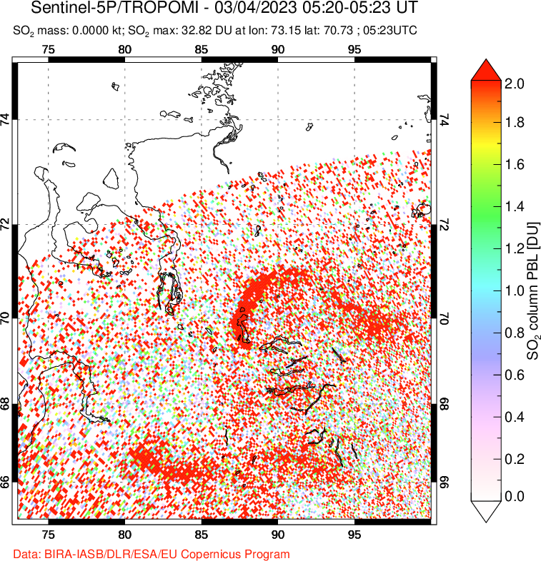 A sulfur dioxide image over Norilsk, Russian Federation on Mar 04, 2023.