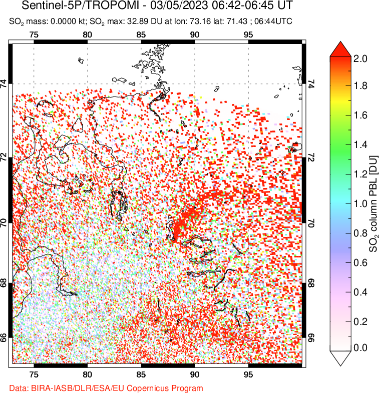 A sulfur dioxide image over Norilsk, Russian Federation on Mar 05, 2023.