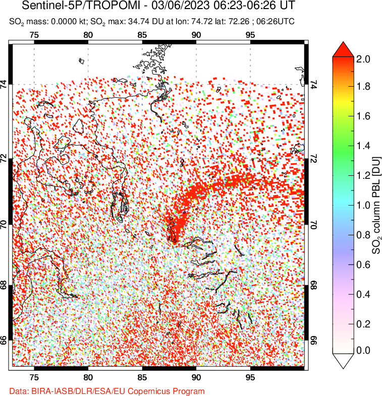 A sulfur dioxide image over Norilsk, Russian Federation on Mar 06, 2023.