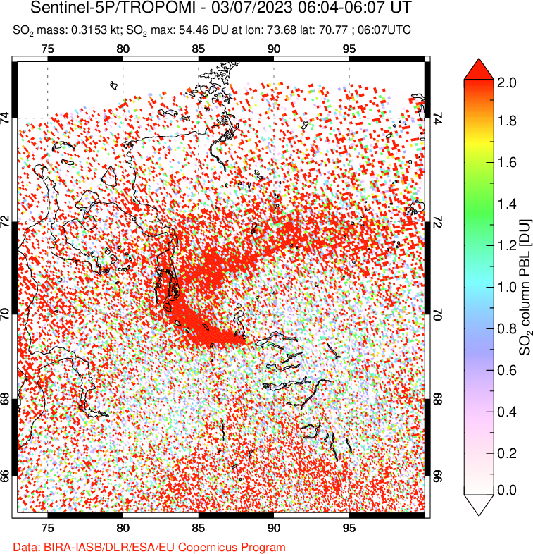 A sulfur dioxide image over Norilsk, Russian Federation on Mar 07, 2023.