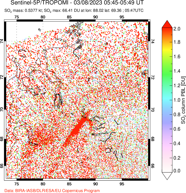 A sulfur dioxide image over Norilsk, Russian Federation on Mar 08, 2023.