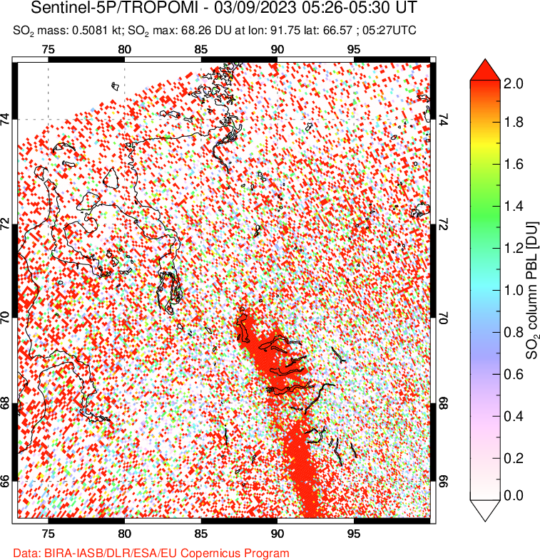 A sulfur dioxide image over Norilsk, Russian Federation on Mar 09, 2023.