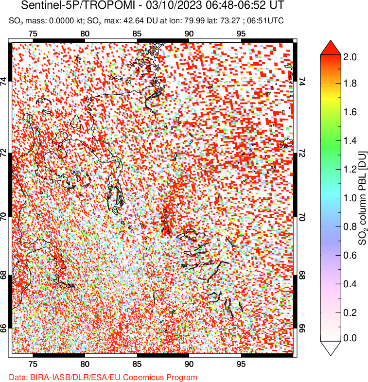 A sulfur dioxide image over Norilsk, Russian Federation on Mar 10, 2023.