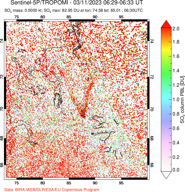 A sulfur dioxide image over Norilsk, Russian Federation on Mar 11, 2023.