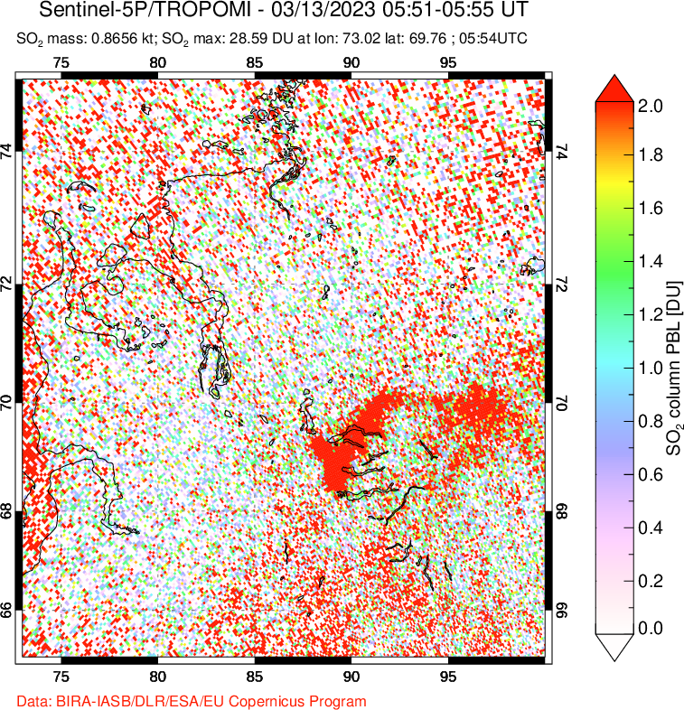 A sulfur dioxide image over Norilsk, Russian Federation on Mar 13, 2023.