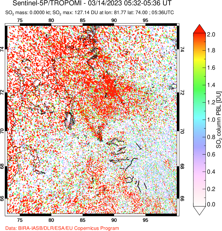 A sulfur dioxide image over Norilsk, Russian Federation on Mar 14, 2023.