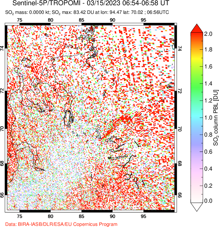 A sulfur dioxide image over Norilsk, Russian Federation on Mar 15, 2023.