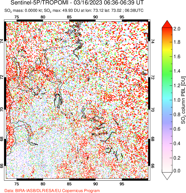 A sulfur dioxide image over Norilsk, Russian Federation on Mar 16, 2023.