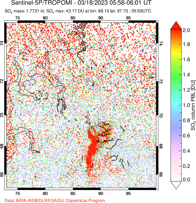 A sulfur dioxide image over Norilsk, Russian Federation on Mar 18, 2023.