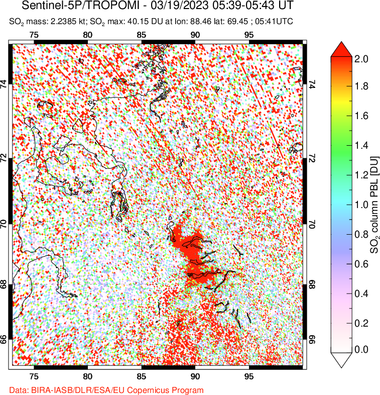 A sulfur dioxide image over Norilsk, Russian Federation on Mar 19, 2023.
