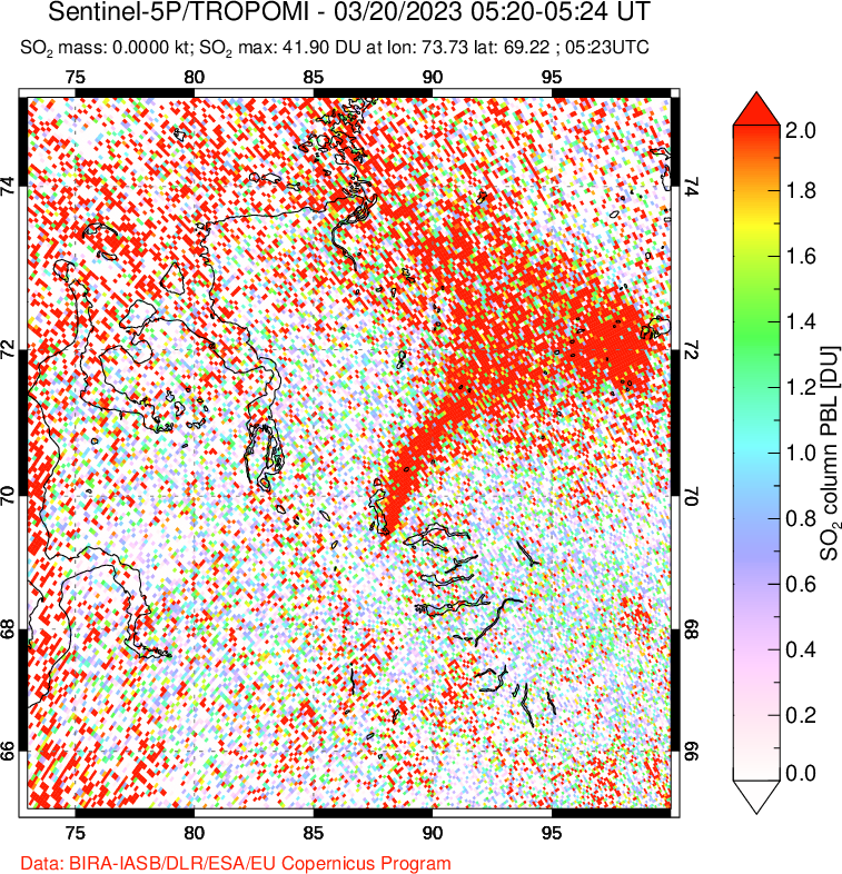 A sulfur dioxide image over Norilsk, Russian Federation on Mar 20, 2023.