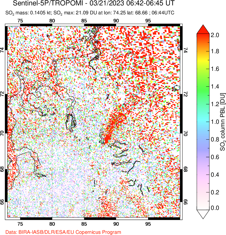 A sulfur dioxide image over Norilsk, Russian Federation on Mar 21, 2023.