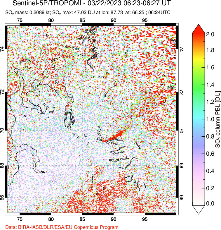 A sulfur dioxide image over Norilsk, Russian Federation on Mar 22, 2023.