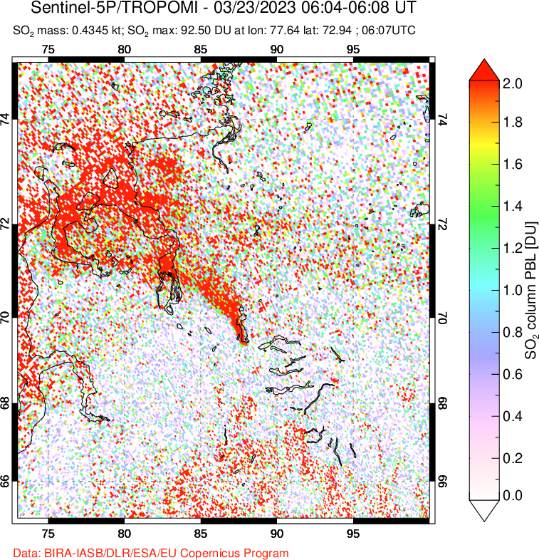A sulfur dioxide image over Norilsk, Russian Federation on Mar 23, 2023.