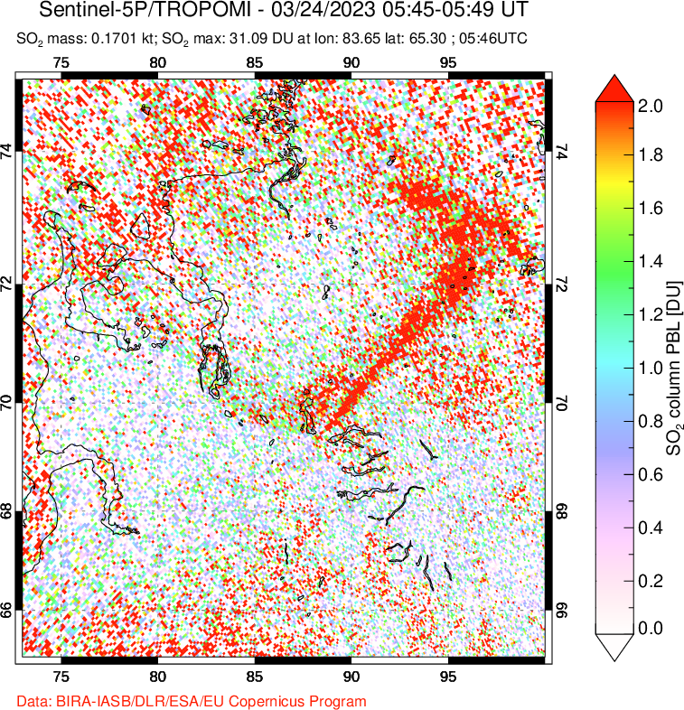 A sulfur dioxide image over Norilsk, Russian Federation on Mar 24, 2023.