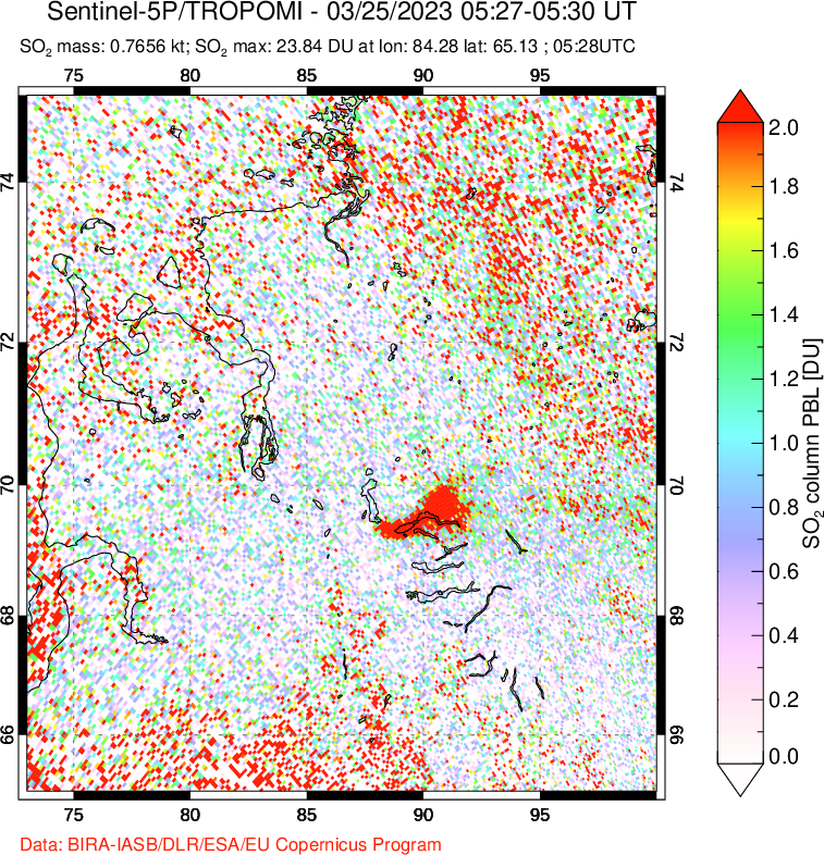 A sulfur dioxide image over Norilsk, Russian Federation on Mar 25, 2023.