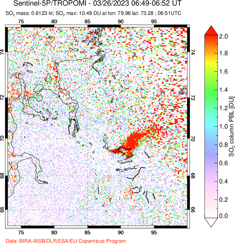 A sulfur dioxide image over Norilsk, Russian Federation on Mar 26, 2023.