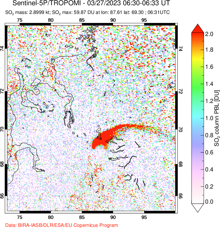 A sulfur dioxide image over Norilsk, Russian Federation on Mar 27, 2023.
