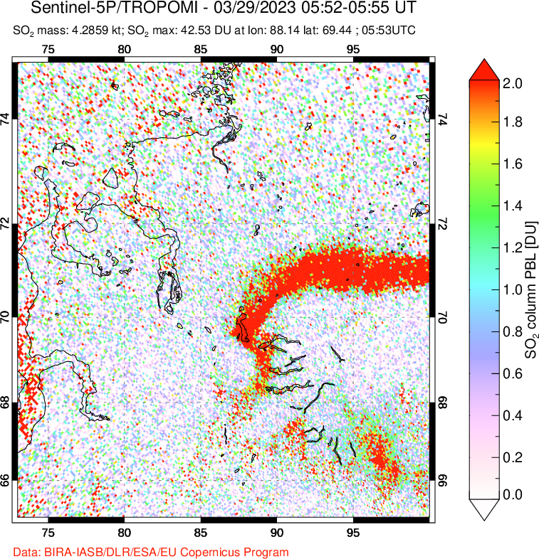 A sulfur dioxide image over Norilsk, Russian Federation on Mar 29, 2023.